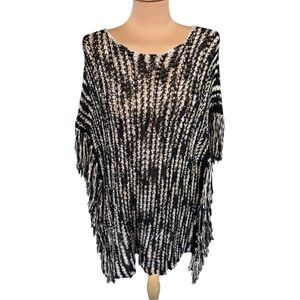 Chico’s Open Knit Pullover Fringe Black & Tan Tunic Size S/M